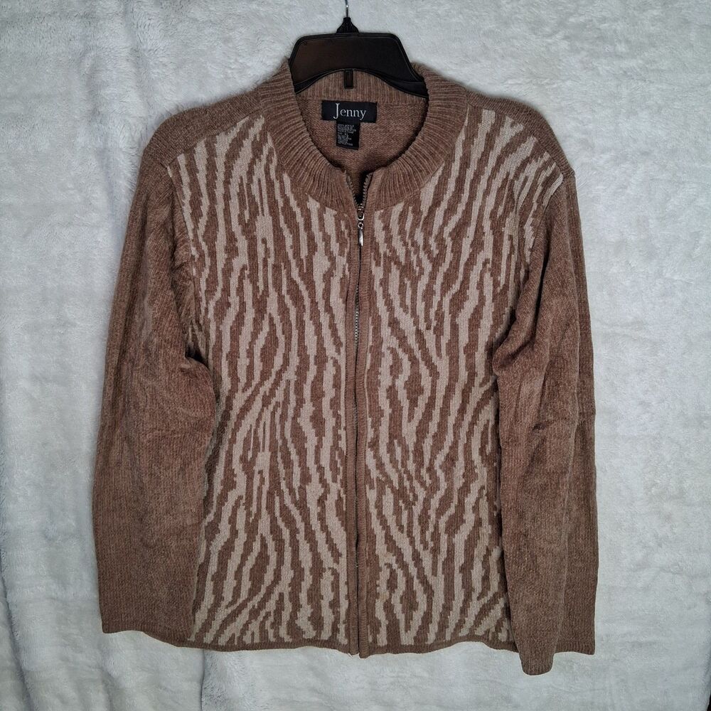 Jenny Zippered Knit Sweater Womens Xl Brown Cream‎